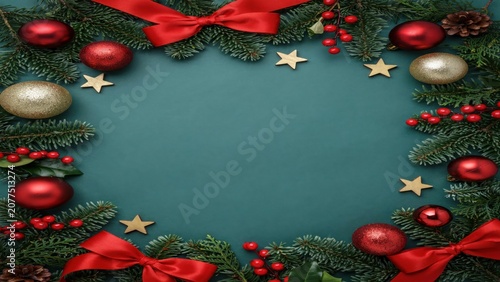 Christmas festive frame with evergreen branches, red ornaments, and bows on a green background.