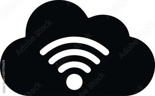Cloud with Wi‑Fi icon, wireless connectivity symbol, cloud computing illustration, internet network design, modern digital technology graphic, minimal outline art