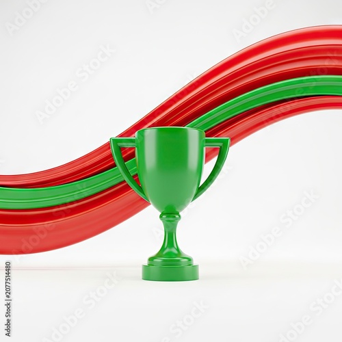 Green Trophy with Red and Green Ribbons on White Background.