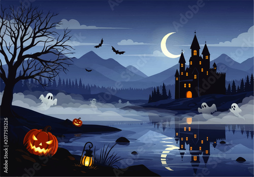 Foto Haunted Castle by the Moonlit Lake Illustration
