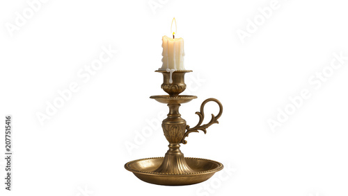 Fotografie Ornate brass candlestick with lit candle and dripping wax