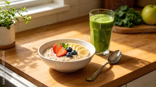 Healthy breakfast with fresh fruit oatmeal bowl and green juice on bright kitchen counter