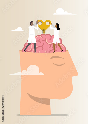 Mental health therapy and brain optimization vector concept, medical doctors winding up human mind for psychology, cognitive treatment illustration