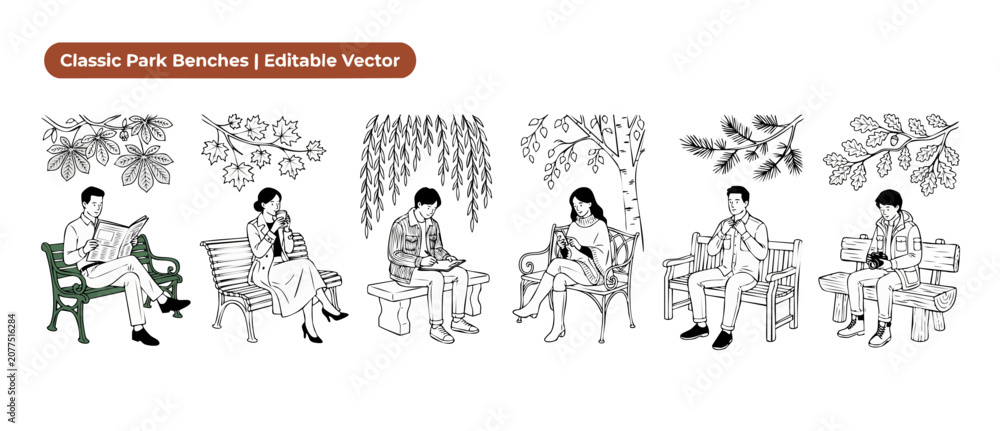 Fototapeta premium People sitting on park benches line art vector illustrations set of men and women relaxing outdoors under autumn trees, reading, drinking coffee, writing, and drawing in minimal hand drawn sketch styl