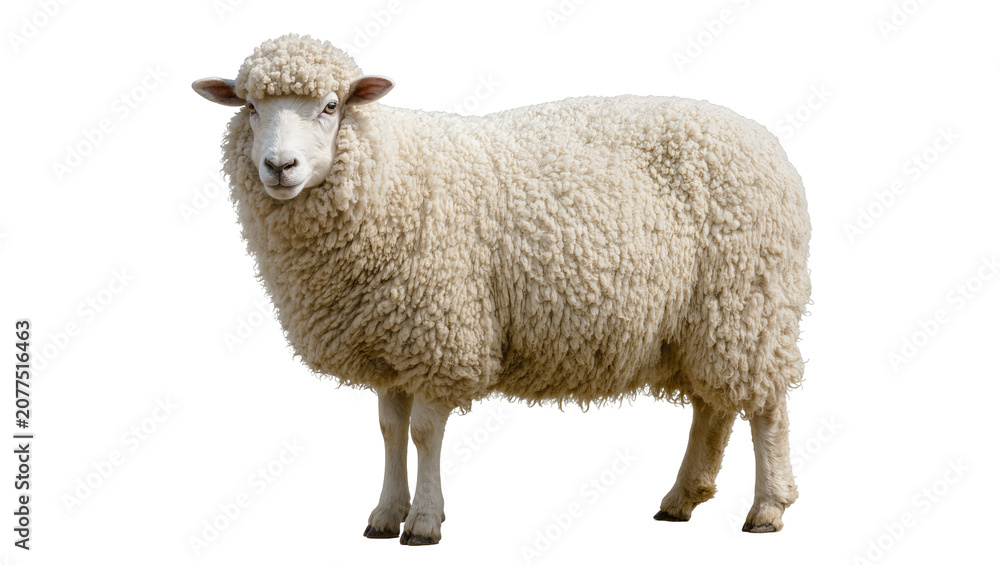 Fototapeta premium Fluffy white sheep with thick wool standing