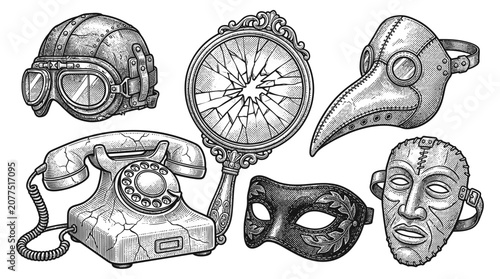 Vintage Objects: Steampunk Helmet, Plague Doctor Mask, Masquerade Mask, Broken Mirror, Old Phone