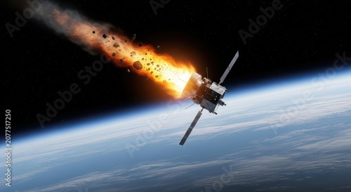 Satellite burning in Earth atmosphere 3D render illustration