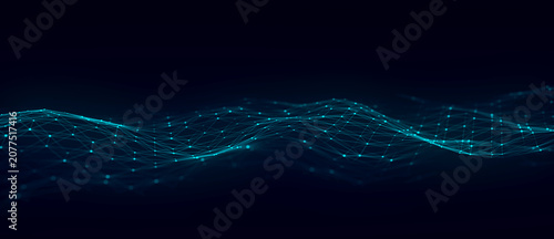 Digital hexagon dynamic wave of particles. Abstract blue futuristic background. Big data visualization. 3D rendering.
