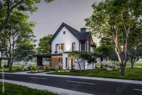 3d rendering of contemporary architectural luxury house exterior. Modern Scandinavian style family home with a white plaster walls, dark roof, and beautiful garden at golden hour