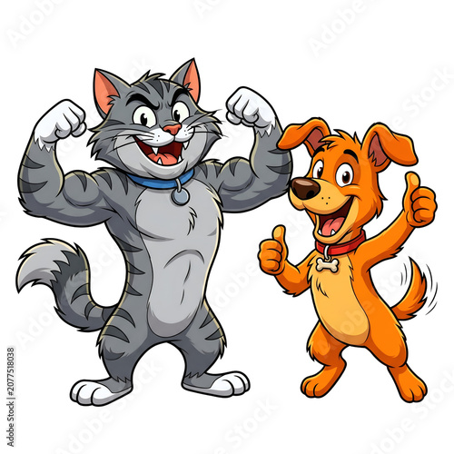 Cartoon cat and tiger fighting playfully isolated on white background