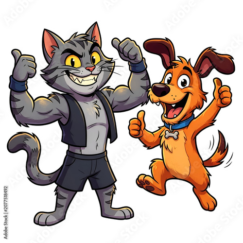Cartoon cat and dog dancing together cheerfully isolated on white background
