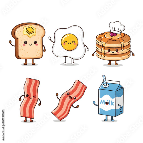 Cartoon characters eating unhealthy food icons isolated on white background