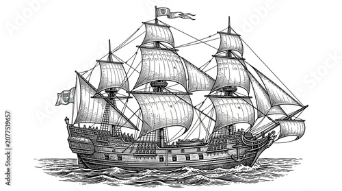Quadro su tela Antique Sailing Ship Illustration, Vintage Maritime Vessel with Full Sails on Wa