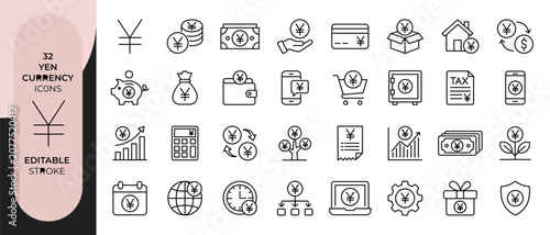 Yen Currency Outline Icon Set Editable Stroke Finance Vector