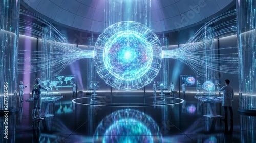 Advanced futuristic research laboratory with glowing hologram energy core and scientists analyzing global data
