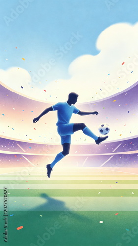 Flat Illustration of Soccer Player Kicking Ball Mid-Air in Stadium, Confetti & Cloudy Sky on Green Football Field – For Sports Event & Dynamic Athletic Design