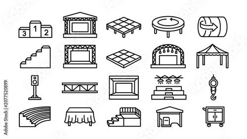 Set of black line icons of stages scaffolding tents and other performance or event equipment and venues  various designs