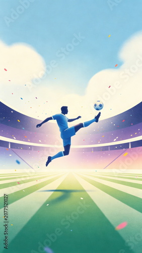 Flat Illustration of Soccer Player Kicking Ball Mid-Air in Stadium, Confetti & Cloudy Sky on Green Football Field – For Sports Event & Dynamic Athletic Design