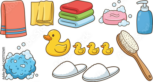 Obraz na plátně Cute bath and shower accessories icon set with towels rubber ducks soap and slip