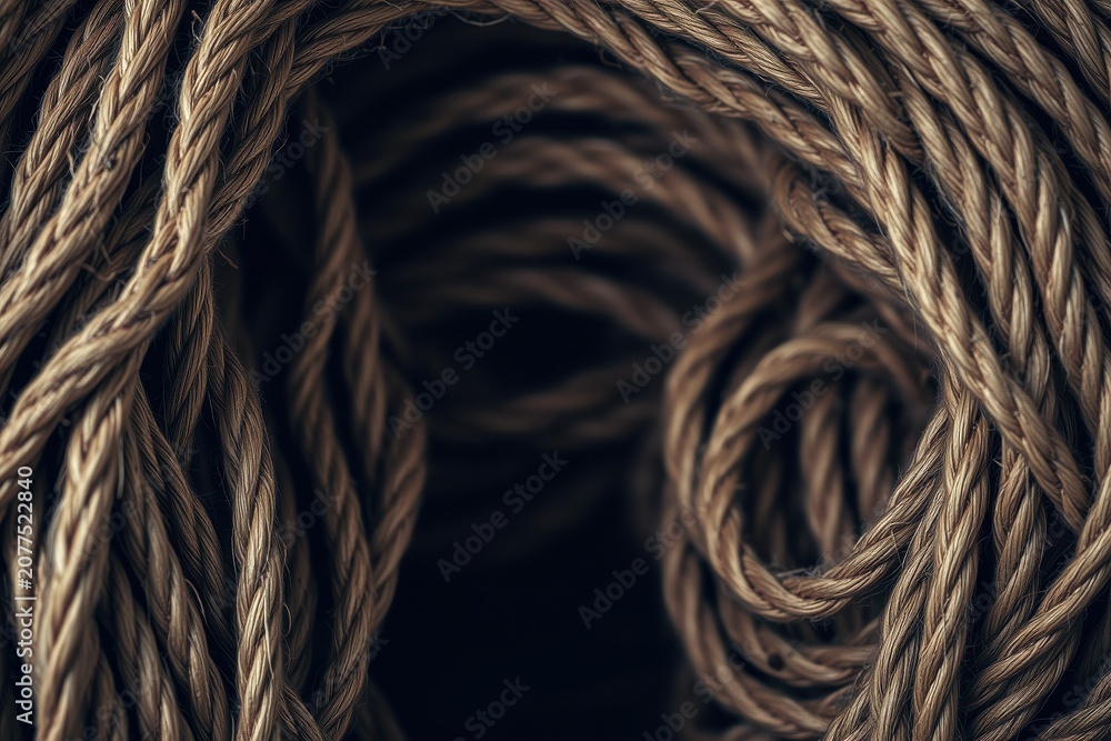 Fototapeta premium Coiled ropes create tunnel effect. Dark background emphasizes texture, depth. Dramatic lighting highlights strands, curves.