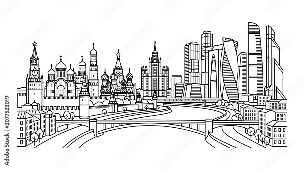 Fototapeta premium Moscow Skyline Sketch: Kremlin, St. Basil's, River, Modern Towers