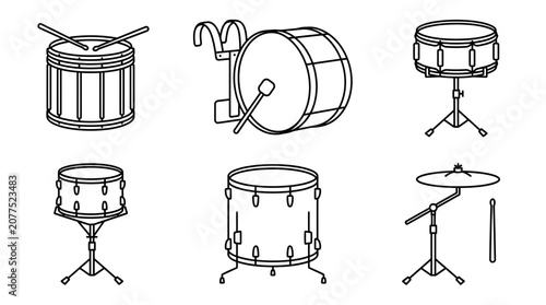 Fotografia Drum Set Collection: Snare, Bass, Tom-toms and Cymbals, Line Art