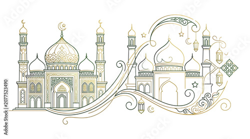 Photos Elegant Islamic Mosque Silhouette with Ornate Golden Swirls and Lanterns
