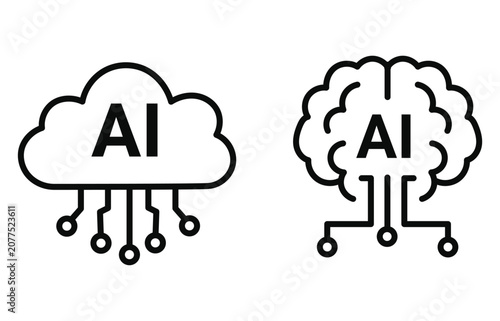 Artificial Intelligence Cloud Computing and Neural AI Brain Outline Icons Representing Machine Learning, Smart Computing and Digital Innovation