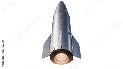 Silver rocket ship with fins and engine nozzle