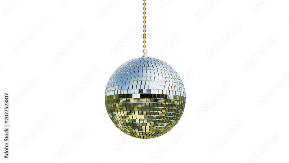 Fototapeta premium Disco ball with reflective mirrored squares hanging by golden chain