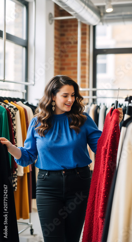 Woman shopping for clothes in a boutique. Happy female customer holding a red dress on a hanger in a retail store