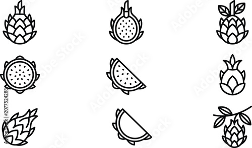 Black line art icons of various fruits and vegetables