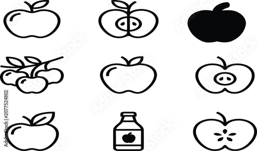 Black apple icon variations and juice bottle graphic