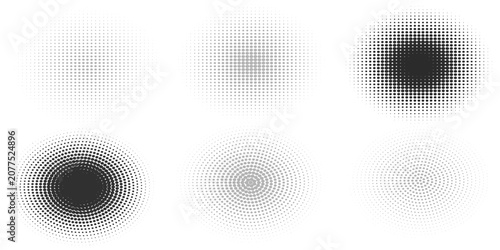 WebHalftone gradient circles collection. Dots textured round patterns. Cartoon comic radial faded background set. Abstract pixelated elements for frame, poster, collage, banner, flyer. Vector bundle