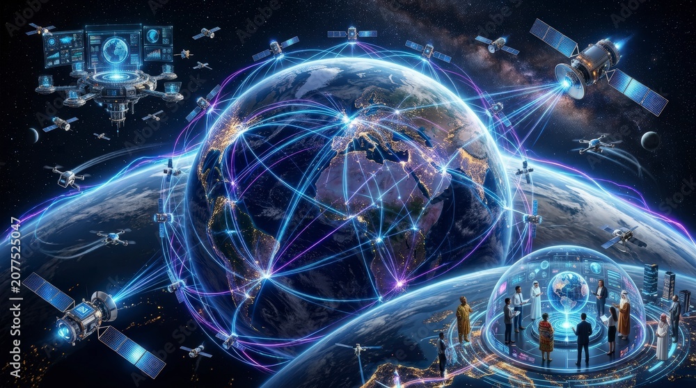 Fototapeta premium Global Satellite Communication Network and Digital Earth Connectivity in a Futuristic Space Command Center