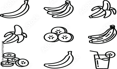 Banana and cucumber line art icons set healthy food illustration