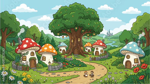 Tableau sur toile Magical fairy village landscape with mushroom houses and big old tree flat carto
