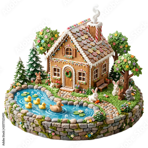 Charming house by a pond in a garden setting isolated on white background