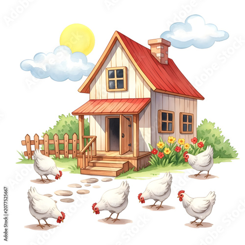 Charming red house with chickens and ducks in a sunny countryside isolated on white background