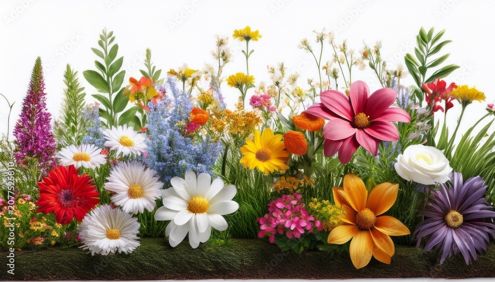 Obraz premium Colorful Summer Flowers Growing In The Garden On White Background
