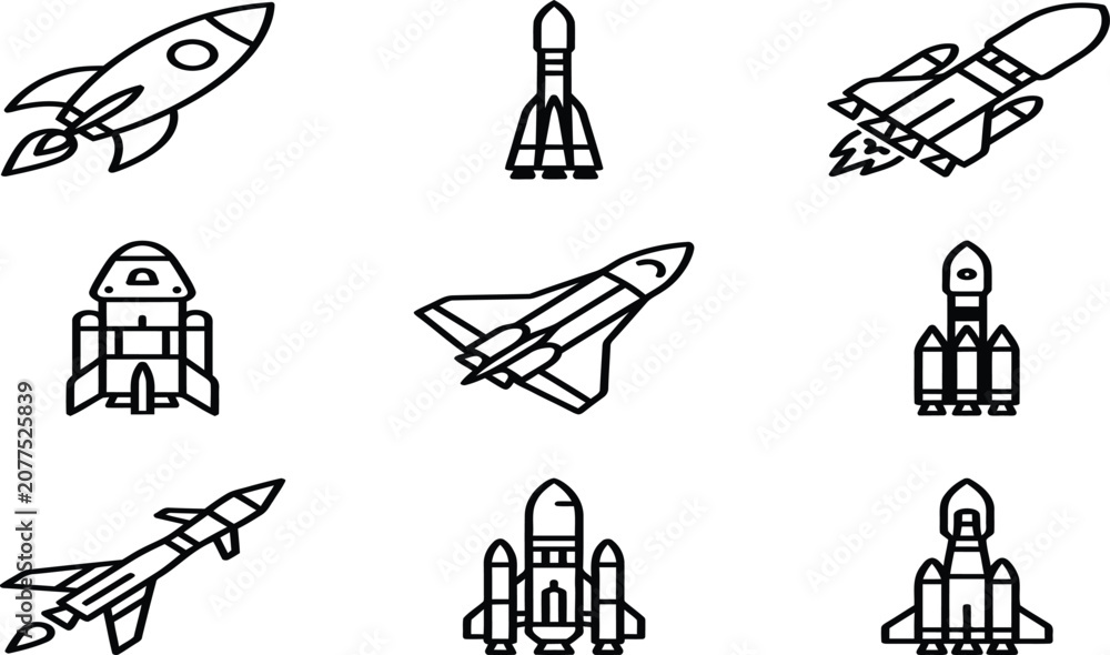 Fototapeta premium Collection of modern space shuttle and rocket line icons