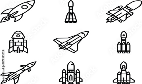 Collection of modern space shuttle and rocket line icons