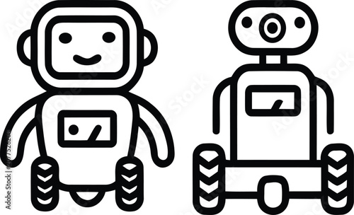 Black and white robot icons with wheels and screens