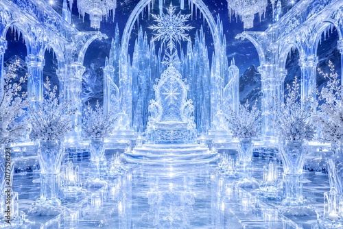 Mystical Ice Cave with Glowing Blue Light and Frozen Waterfall in Ethereal Winter Setting