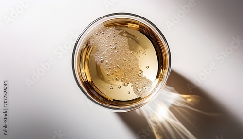 Top Down Photograph Of A Champagne Glass On A White Background With Bubbles And Soft Reflections