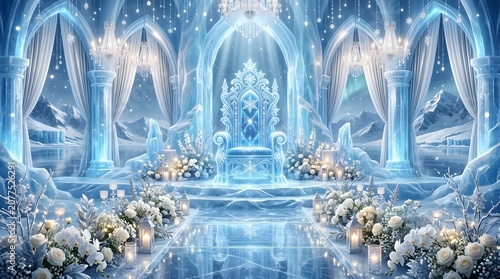Elegant Ice Sculpture Wedding Stage in Glowing Blue Frozen Cave Setting