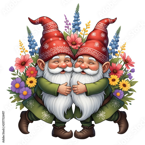 Cheerful gnome with colorful hat and flowers isolated on white background