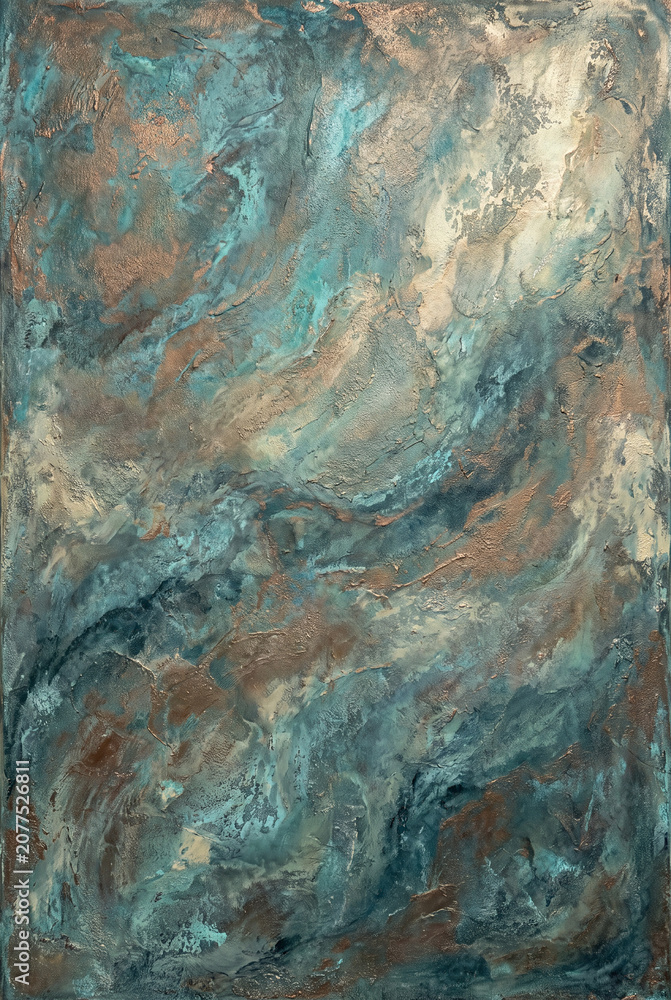 Naklejka premium Abstract textured painting with teal blue, brown and gold tones, modern organic wall art and expressive decorative background