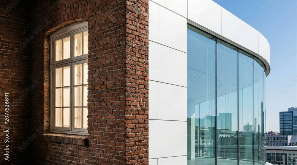 Obraz premium Architectural Contrast of Historic Brick Building with Modern Glass Facade