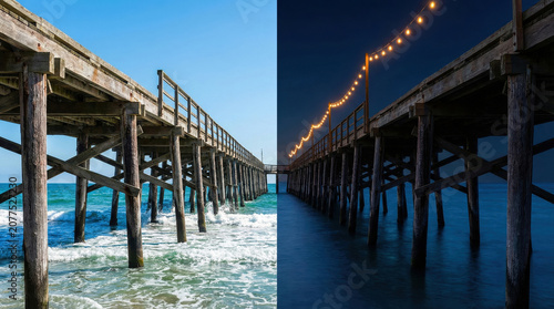 Expansive Split View of Wooden Pier Daytime and Nighttime with Lights
